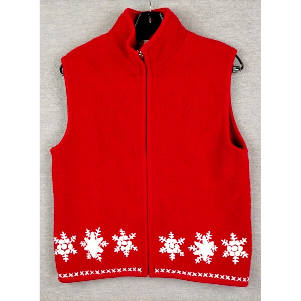 Lisa International Womens Sweater M Vest Red Wool Full Zip Cabincore Holiday‎